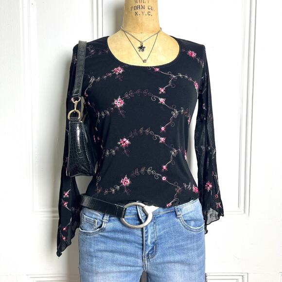 Hourglass Whimsygoth grunge black long sleeve top flared sheer sleeves floral - Picture 3 of 8